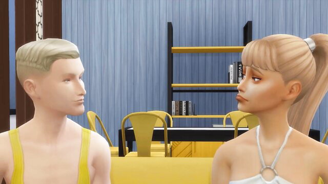 Blonde stepmom in white dress chats with buff stepson-in-law