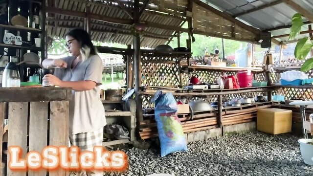 Le Slicks in steamy kitchen, glasses and casual outfit flaunting curves