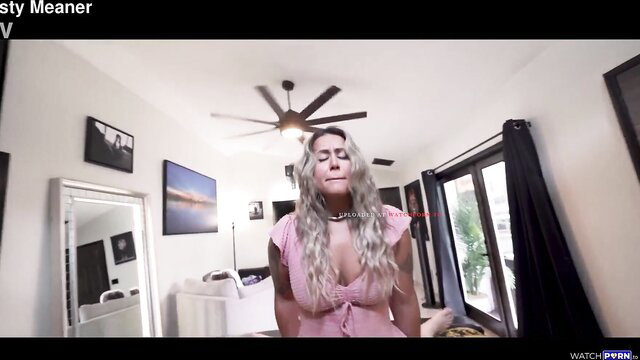 Misty Meaner blonde MILF in pink dress, seductive expression POV