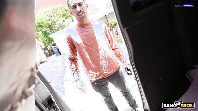 Lauren Phillips in half-shirt outside Bang Bus door, hot tease