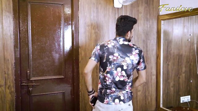 Horny husband in floral shirt stands by door in FapHouse amateur tease