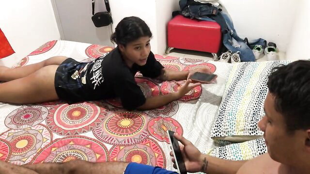 Asian stepsis in panties on bed ready to ride hard cock POV