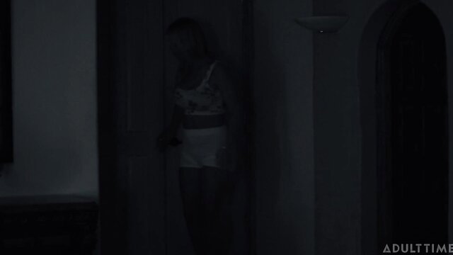 Rachael Cavalli in lingerie peeking from dark doorway in steamy stepmom scene