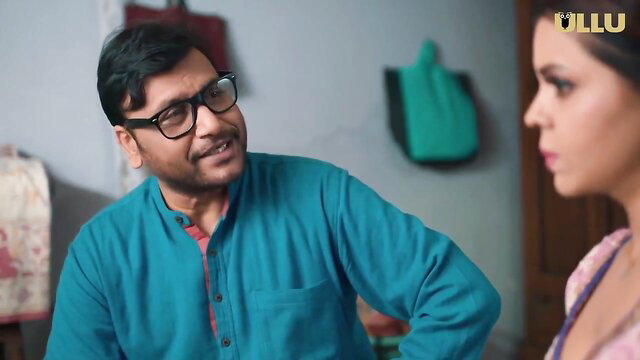 Indian beauty in pink top with man in kurta, steamy Ullu scene