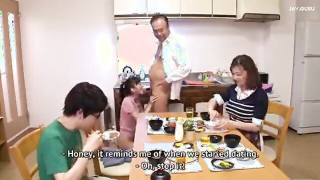 Japanese family dinner table public sex, mom rides cock hidden