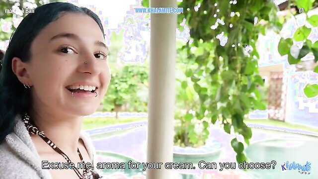 Khalamite smiles asking to choose aroma for your cream in sexy tease