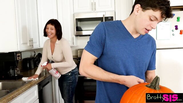 Aubrey Sinclair cleaning kitchen with Alex D holding pumpkin in POV tease