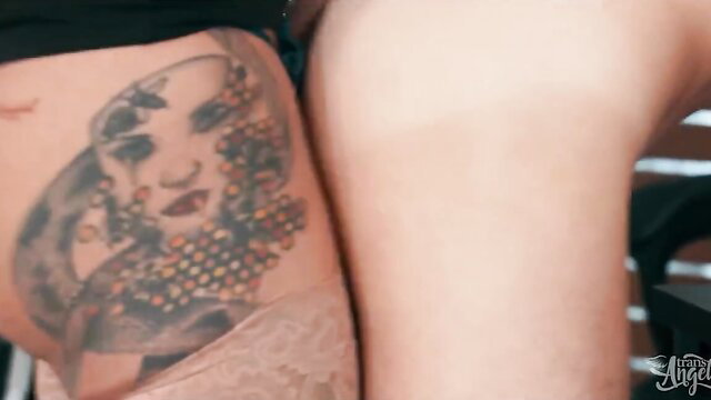 Eva Maxim's sexy face tattoo on hip in lace panties, Trans Angels