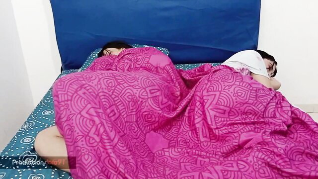 Hot Latina stepmom and stepdaughter asleep under pink blanket in bed