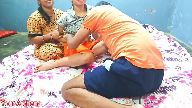 Indian village women in sarees with young guy in steamy threesome action