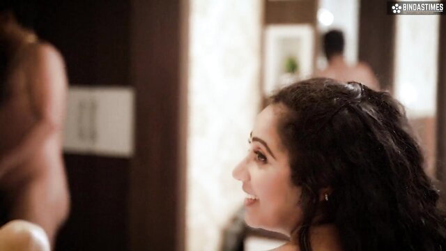Indian bhabhi smiling in bathroom orgy scene with big boobs