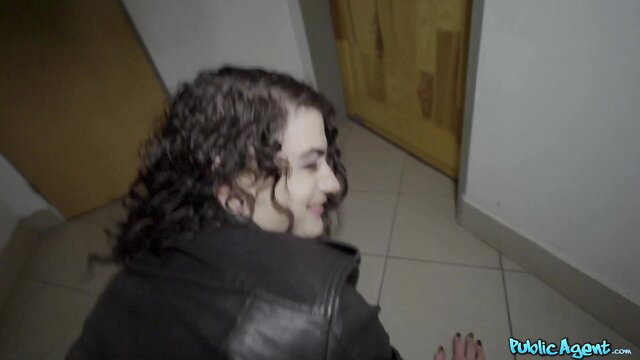 Lydia Black smiling in leather jacket, Public Agent outdoor hookup