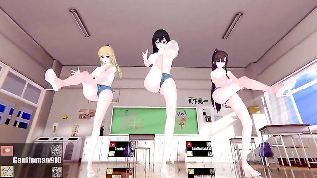 Gentleman910's 3 sexy anime girls in skimpy bikinis high-kick dance