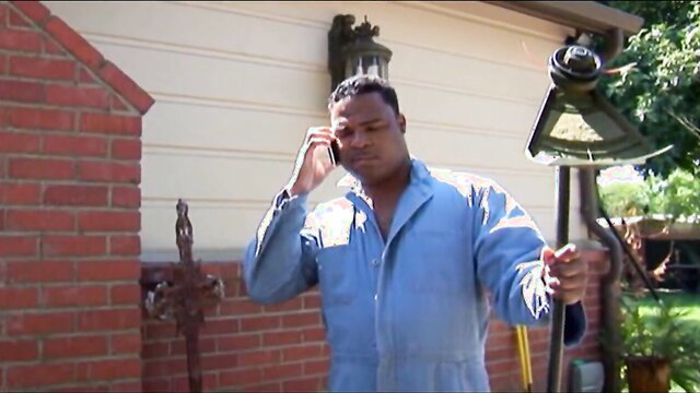 Black stud in work coveralls on phone outdoors, Kasey Warner anal BBC