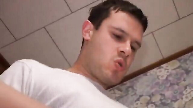 Hot guy grimacing in intense pleasure, white tee, bathroom anal action