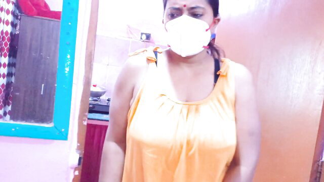 Indian stepmom in tight tank top mask on cooking in kitchen POV
