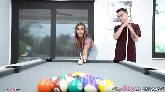 Asian stepmom bends over pool table in tight shorts for stepson