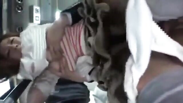 Japanese woman in white dress held by monstrous furry beast in JAV camper horror fuck