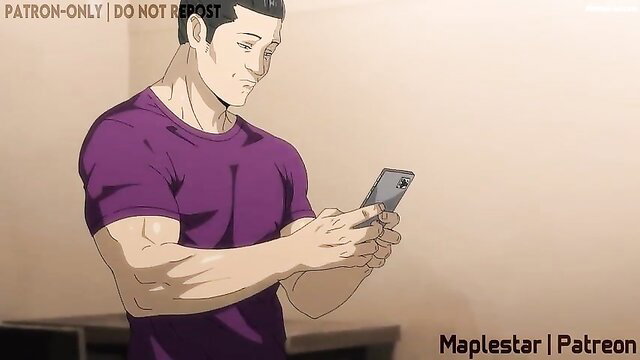 Muscular Asian man in tight purple tee holds phone, ultimate sub tease