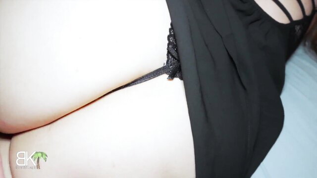 Asian beauty in black lingerie dress teases big ass upskirt on bed