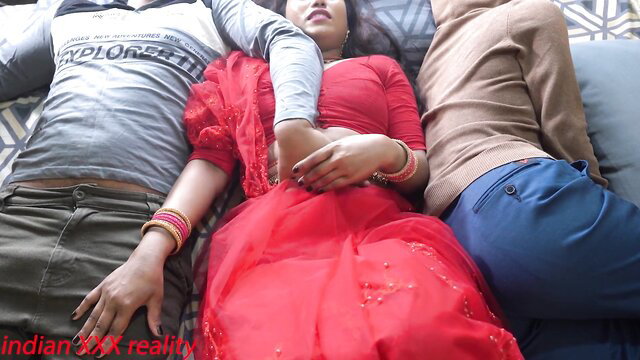 Hot Indian stepmom in red saree with stepson-in-law and friend threesome