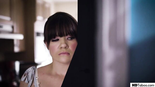 Alison Rey in white off-shoulder top, intense taboo stepmom stare