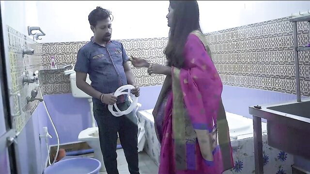 Indian bhabhi in pink saree seduces plumber in bathroom hookup