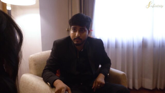 Indian step-dad in suit chats intimately with long-haired step-daughter