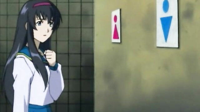 Naughty Japanese schoolgirl in skirt stands shyly by bathroom signs