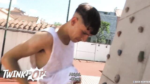 Czech twink in tank top climbs wall outdoor in TwinkPop Czech Hunter