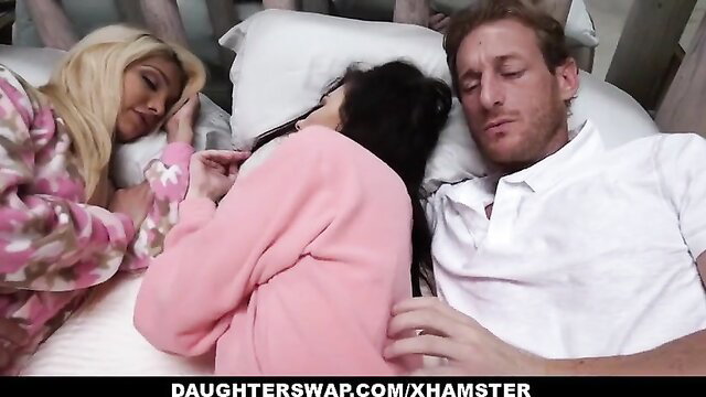 Blonde and brunette babes cuddle with guy in bed foursome tease