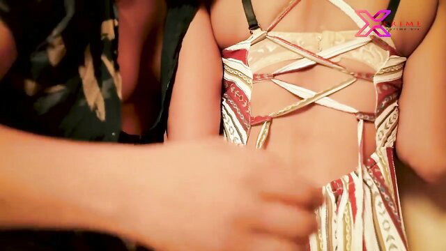 Desi couple gropes Indian girlfriend's bare back in sexy laced dress