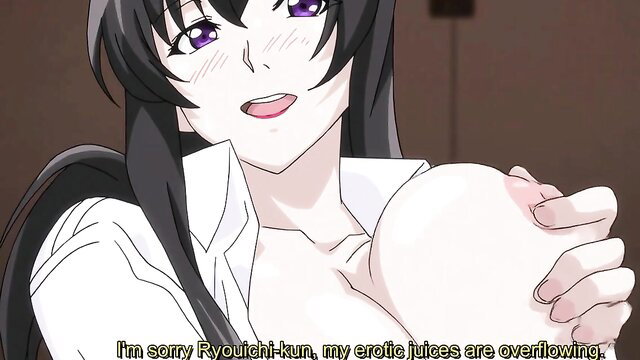 Busty anime brunette overflowing erotic juices in lewd shirt