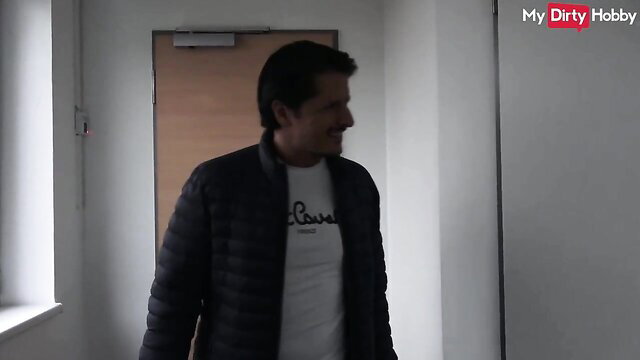 Husband smiling in hallway, wife caught cheating joins threesome fun