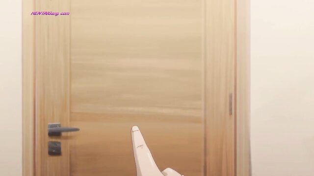 Cartoon hentai babe with white ponytail in doggy pose by door