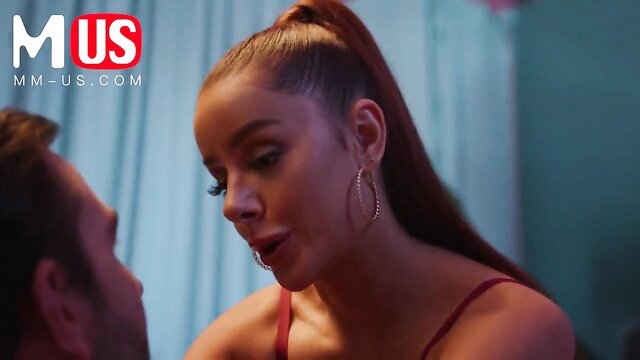 Sexy lady with big boobs in red lingerie dances steamy with boss