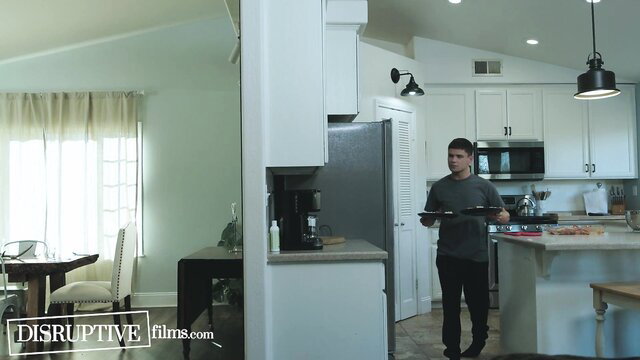 Stepdad in kitchen holds tray, willing for stepson's socks & bareback