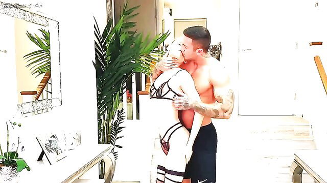 Blonde in lingerie hugs muscular tattooed guy intimately