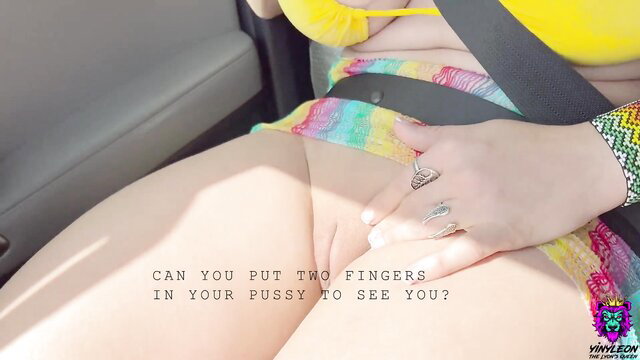 Yinyleon spreads pussy with two fingers in car, public tease