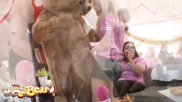 Bachelorette party girls dancing with Dancing Bear stripper smashing big boobs