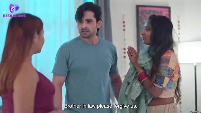 Indian bhabhi and sister beg brother-in-law forgiveness in sexy saree scene