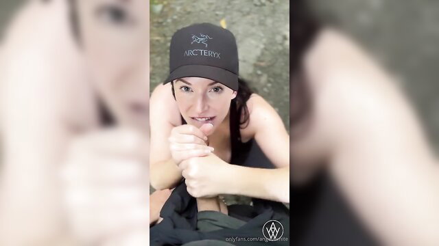 Angela White topless in Arc'teryx cap, teasing pussy closeup