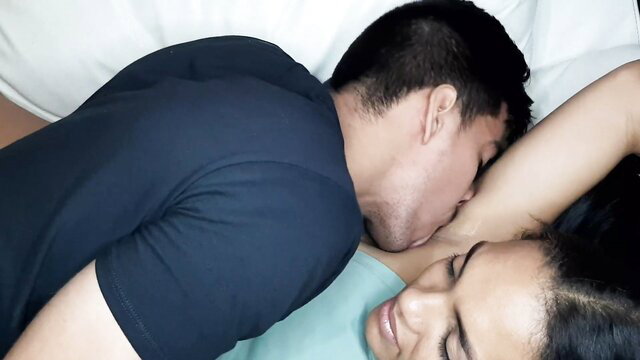 Hot Asian couple in bed, guy passionately licking step-sis-in-law's yummy armpit
