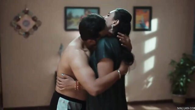 Indian busty bhabhi passionately kissing muscular man in Merrid Bhabhi 3