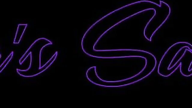 Neon 'Lisa's Sass' sign glows purple on black, hints at sassy Latina cartoon babes