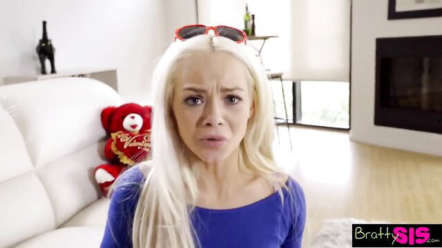 Blonde step sis shocked on Valentine's Day with shaved pussy surprise