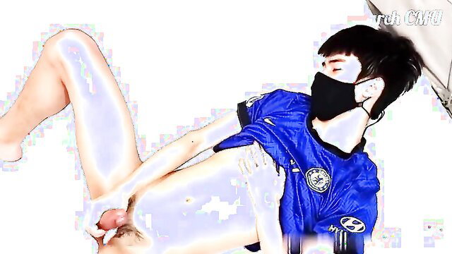 Asian twink in Chelsea jersey strokes cock on mask POV amateur