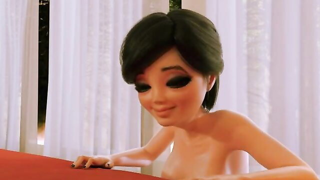 3D nude cartoon babe with bob haircut smiling seductively
