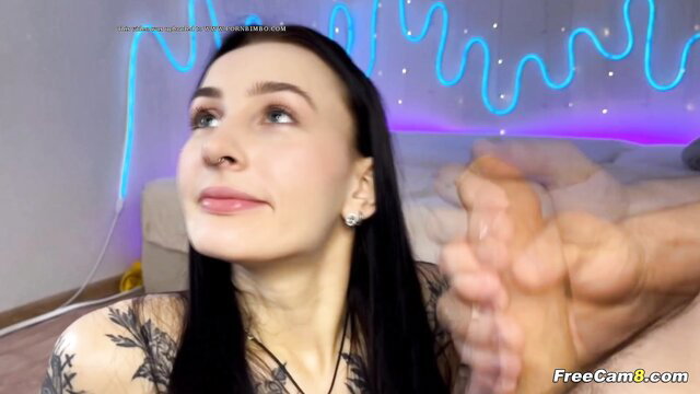 Hot tattooed brunette deepthroats cock in closeup blowjob