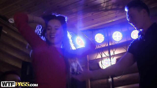 Sexy brunette dances wild at college party with Asian guy